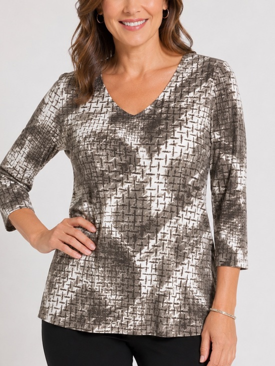 Chico's Tops - Easywear by Chico's Top Women 3 Gray White Abstract V-Neck 3/4 Sleeve Modern USA